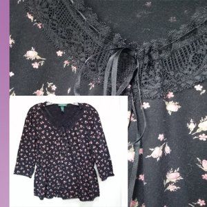 Lauren Ralph Lauren Black W/Pink Rosebuds Cotton Top XL (T-216)